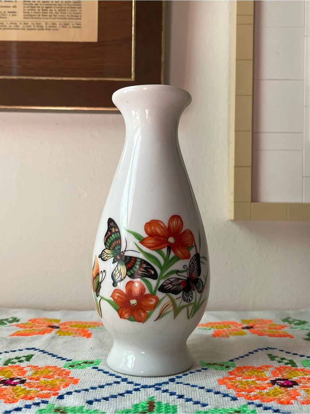 Vintage Ceramic Bud Vase with Orange Flowers and Butterflies